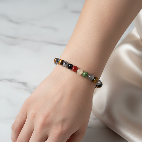 İkizler Burcu Doğal Taş Bileklik – Güneş Taşı, Kaplan Gözü, Kırmızı Akik, Kristal Kuvars, Rutilli Kuvars, Sitrin & Yeşim