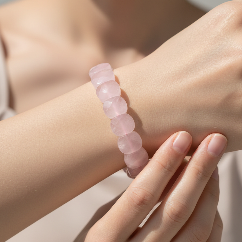Pembe Kuvars Geniş Kesim Doğal Taş Bileklik - Görsel 1 - Safnaturel