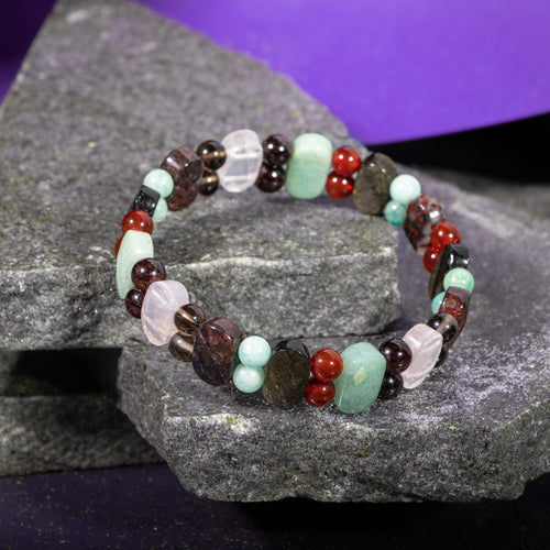 Başak Burcu Bileklik Amazonit, Bordo Granat Lal, Dumanlı Kuvars, Golden Obsidyen, Jasper, Kırmızı Akik, Pembe Kuvars, Yeşil Aventurin