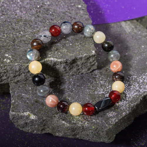 Aslan Burcu Bileklik Bordo Granat Lal, Bronzit, Golden Obsidyen, Güneş Taşı, Jasper, Kalsit, Kırmızı Akik, Labradorit, Rutilli Kuvars, Sitrin