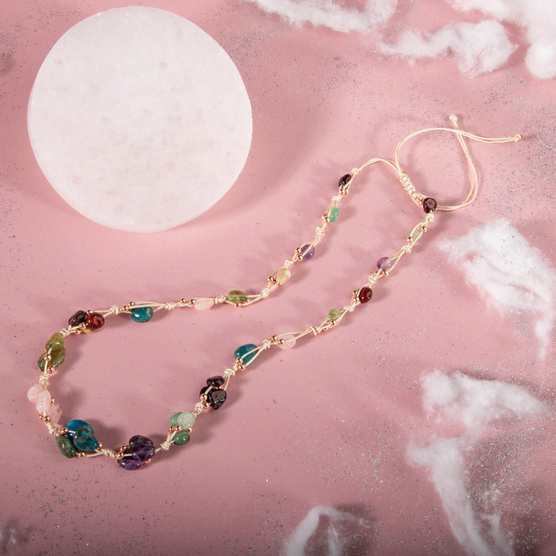 Başak Burcu Kolye Ametist, Bordo Granat Lal, Jasper, Mavi Apatit, Pembe Kuvars, Yeşil Aventurin, Zebercet (Peridot)