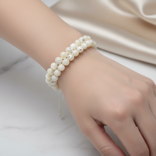 Beyaz Sedef 8mm Çift Sıra Makrome Doğal Taş Bileklik