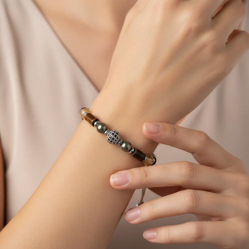 Kaplan Gözü, Pirit, Sitrin, Hematit Zirkon Aparat Doğal Taş Makrome Bileklik