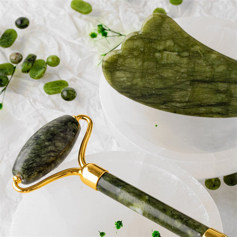 Yeşim Taşı Masaj Takımı - Roller ve Gua Sha Kaz Ayaklı Set