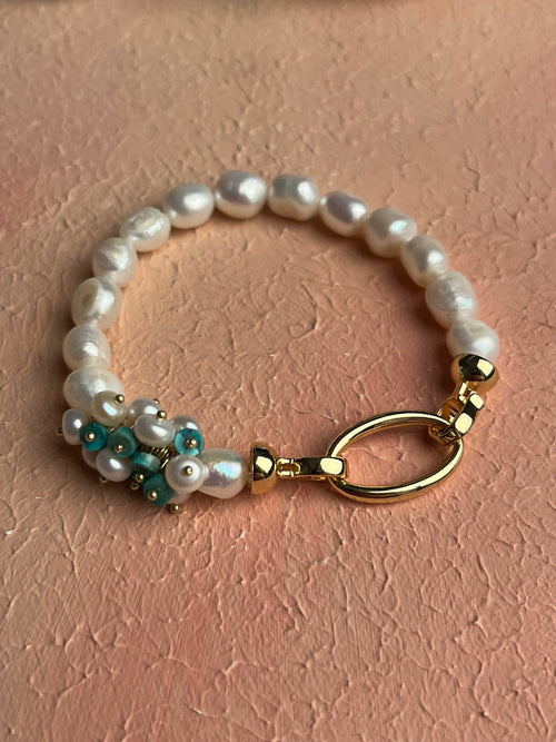 Sertifikalı İnci, Turkuaz Zirkon Aparatlı Gümüş Detaylı Doğal Taş Bileklik - Görsel 2 - Safnaturel