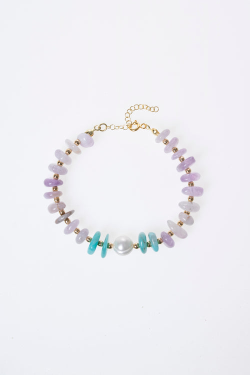 İnci - Amazonit - Ametist Doğaltaş 925 Ayar Gümüş Bileklik