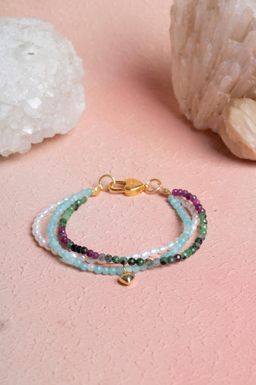 İnci - Akuamarin - Anyolit Doğaltaş 925 Ayar Gümüş Bileklik