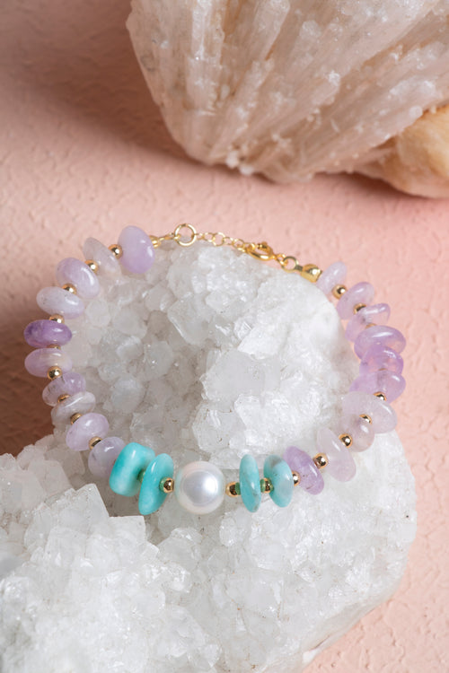 İnci - Amazonit - Ametist Doğaltaş 925 Ayar Gümüş Bileklik