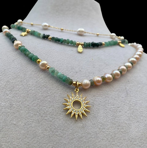 İnci – Zümrüt Doğaltaş 925 Ayar Gümüş Kolye Seti 3’lü Kolye