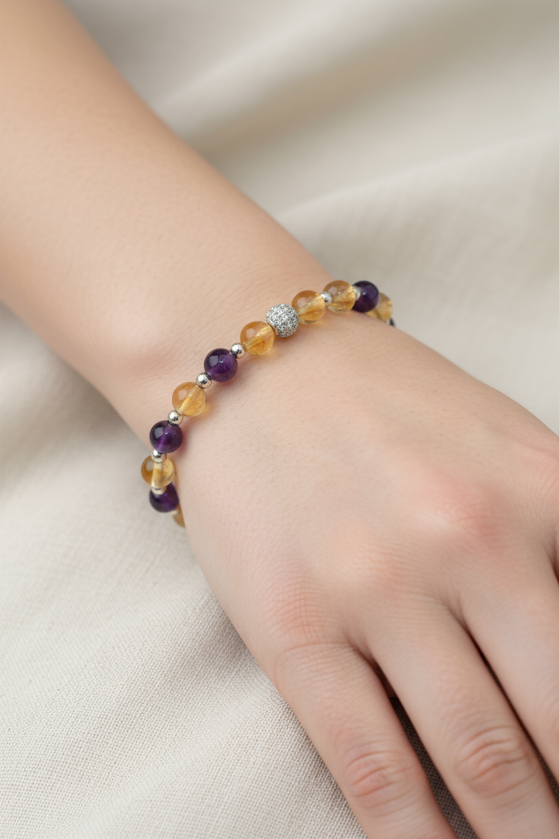 Ametist, Sitrin ve Gri Hematit Doğal Taş Bileklik – 6 mm Zirkon Aparatlı Misinalı, Unisex Tasarım - Görsel 1 - Safnaturel