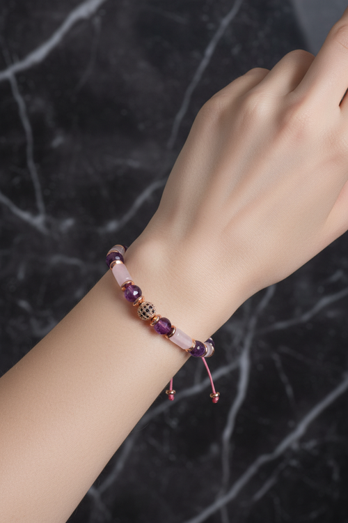 Pembe Kuvars, Ametist ve Hematit Doğal Taş Bileklik – Unisex Şık Tasarım