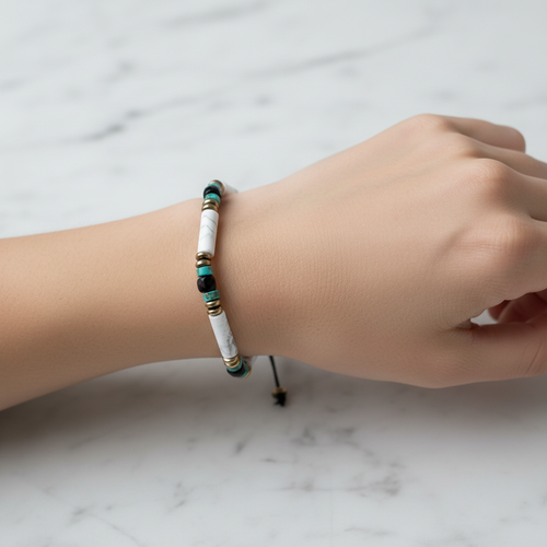 Obsidyen, Havlit, Turkuaz Doğal Taş Makrome Bileklik