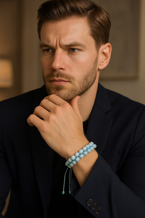 Akuamarin 6mm Çift Sıra Makrome Doğal Taş Bileklik