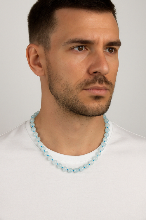 Akuamarin 8 mm Düğümlü Doğal Taş Kolye