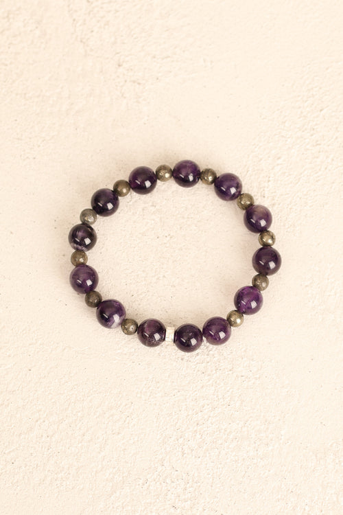 Ametist (10 mm) & Pirit (6 mm) Doğal Taş Gümüş Aparatlı Bileklik