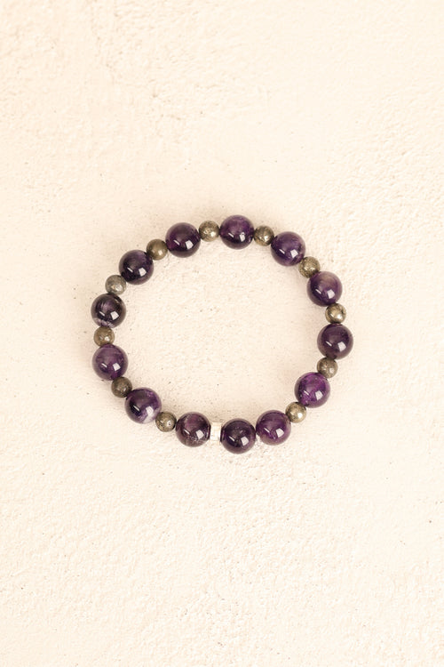 Ametist (10 mm) & Pirit (6 mm) Doğal Taş Gümüş Aparatlı Bileklik