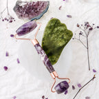 Ametist Doğal Taş Roller ve Yeşim (Serpantin)Doğal Taş Kaz Ayaklı Gua Sha Masaj Takımı