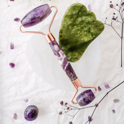 Ametist Doğal Taş Roller ve Yeşim (Serpantin)Doğal Taş Kaz Ayaklı Gua Sha Masaj Takımı