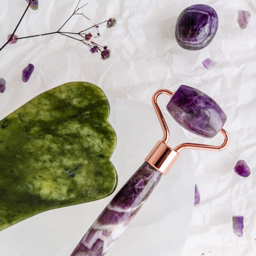 Ametist Doğal Taş Roller ve Yeşim (Serpantin)Doğal Taş Kaz Ayaklı Gua Sha Masaj Takımı