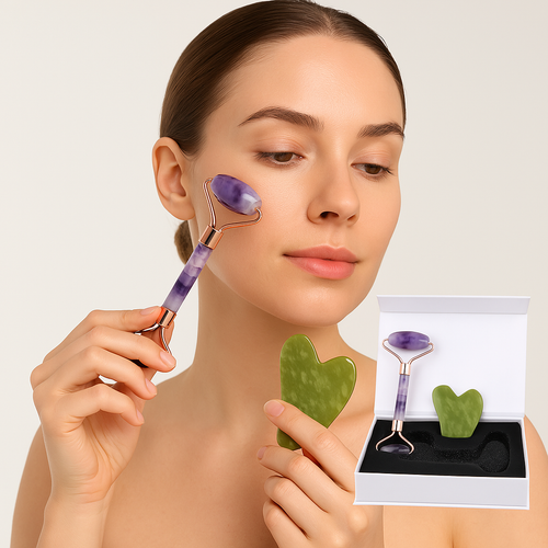Ametist Doğal Taşı Roller ve Yeşim (Serpantin) Doğal Taşı Kalpli Gua Sha Masaj Takımı