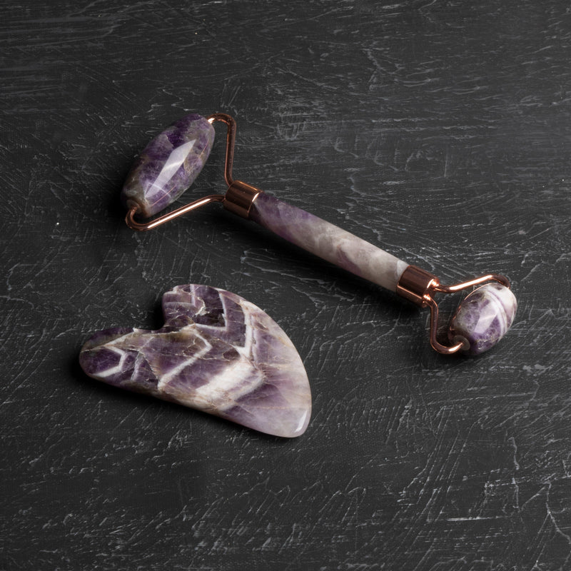 Ametist Taşı Masaj Takımı - Roller ve Gua Sha Kaz Ayaklı Set