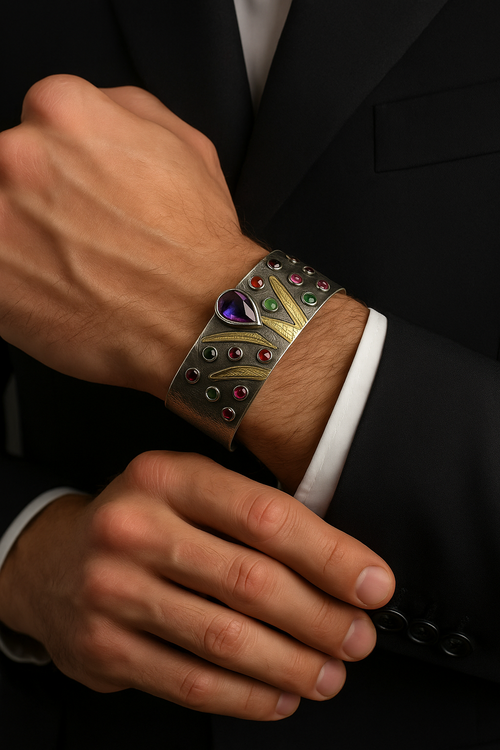 Ametist - Zebercet - Garnet Doğal Taş İşlemeli 925 Ayar Gümüş Bileklik