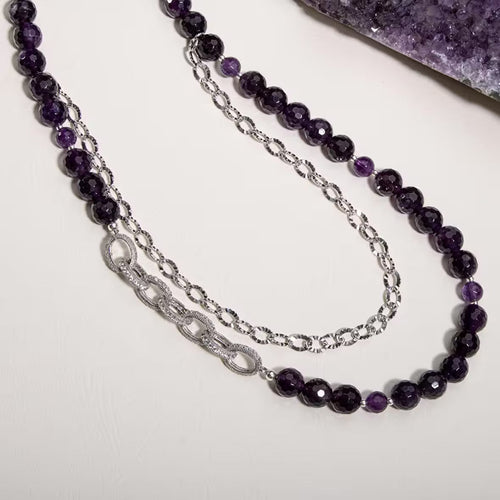 Ametist Doğal Taş Gümüş Zincir Kolye
