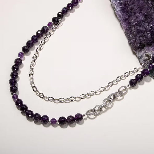Ametist Doğal Taş Gümüş Zincir Kolye