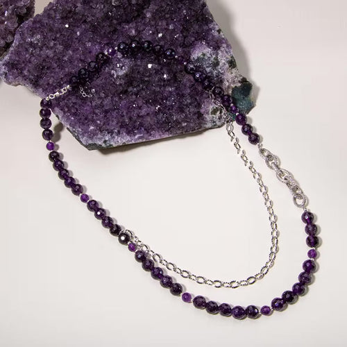Ametist Doğal Taş Gümüş Zincir Kolye