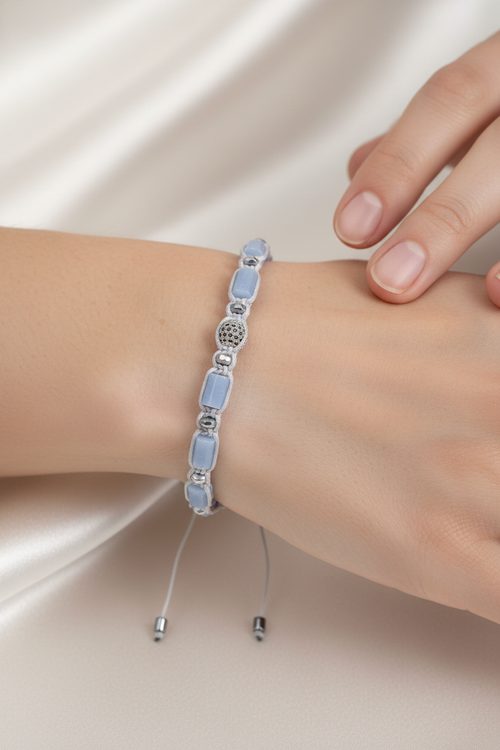 Anjelit - Hematit Doğal Taş Zirkon Aparatlı Makrome Bileklik