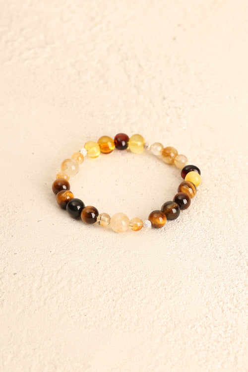 Aslan Burcu -Kehribar - Kaplan Gözü - Sitrin Doğal Taş Gümüş Aparatlı Bileklik