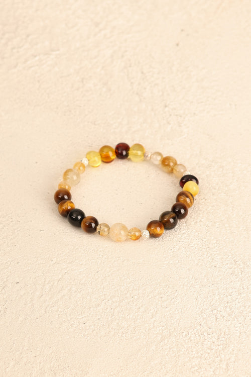 Aslan Burcu -Kehribar - Kaplan Gözü - Sitrin Doğal Taş Gümüş Aparatlı Bileklik