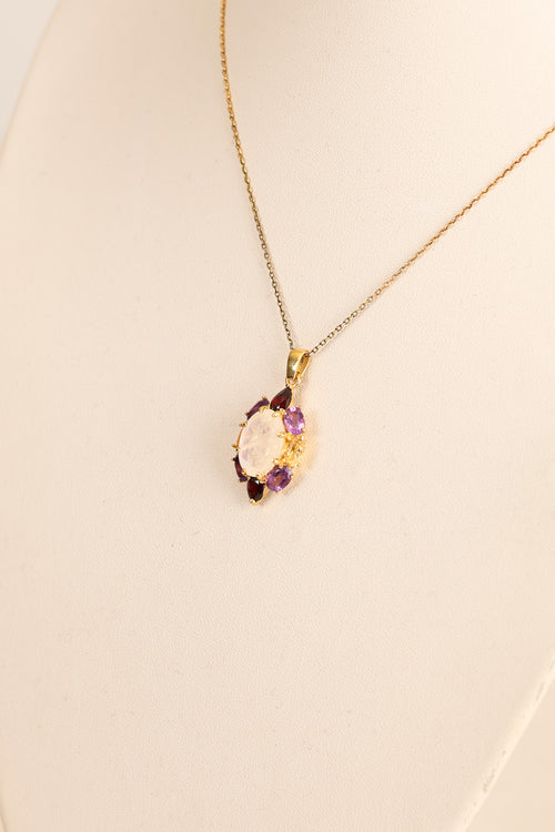 Ay Taşı - Ametist - Sitrin - Lal Garnet Doğal Taş 925 Ayar Gümüş Kolye | Özel Tasarım |