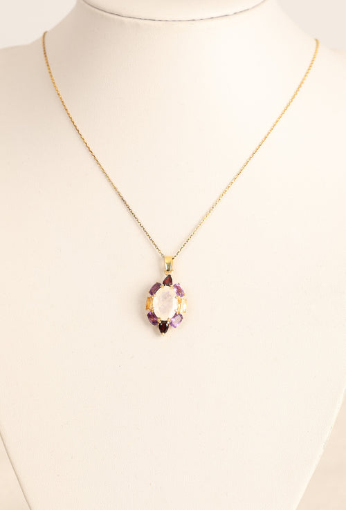 Ay Taşı - Ametist - Sitrin - Lal Garnet Doğal Taş 925 Ayar Gümüş Kolye | Özel Tasarım |