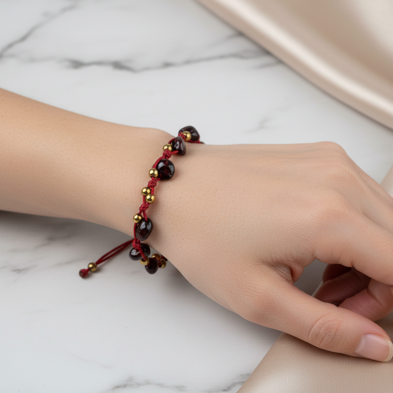 Bordo Granat Lal Natürel Kesim Doğal Taş Makrome Bileklik – Unisex El İşçiliği - Görsel 1 - Safnaturel