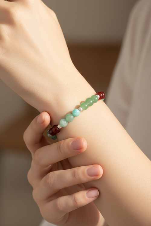 Başak Burcu - Akik - Aventurin - Amazonit Doğal Taş Gümüş Aparat Bileklik