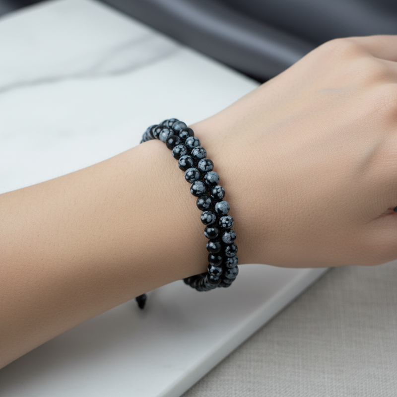 Karlı Obsidyen 4mm Çift Sıra Doğal Taş Makrome Bileklik – El İşçiliği - Görsel 1 - Safnaturel
