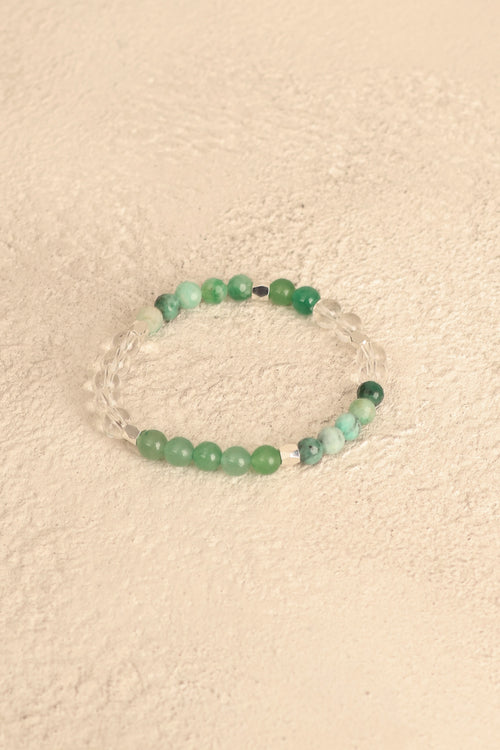 Boğa Burcu - Zümrüt - Aventurin - Kristal Kuvars Doğal Taş Gümüş Aparatlı Bileklik