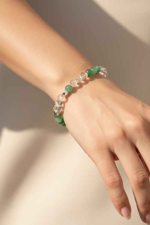 Boğa Burcu - Zümrüt - Aventurin - Kristal Kuvars Doğal Taş Gümüş Aparatlı Bileklik
