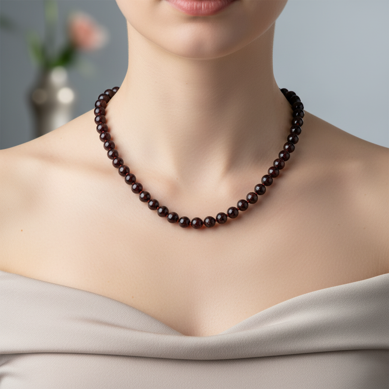 Bordo Granat Lal 8 mm Düğümlü Doğal Taş Kolye - Görsel 2 - Safnaturel