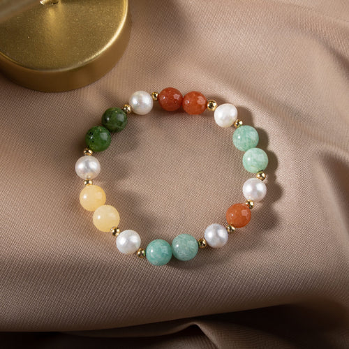 İnci-Turuncu Aventurin-Amazonit-Yeşim-Kalsit Doğal Taş Gümüş Bileklik