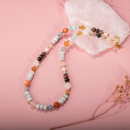 Anjelit-Morganit-Pembe Kuvars-Renkli Turmalin-Ay Taşı-Turuncu Aventurin-Akuamarin-Madagaskar Akik Doğal Taş Kolye