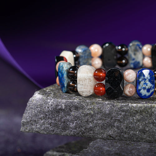 Terazi Burcu Bileklik Ay Taşı, Dumanlı Kuvars, Güneş Taşı, Kırmızı Akik, Lapis Lazuli, Siyah Turmalin