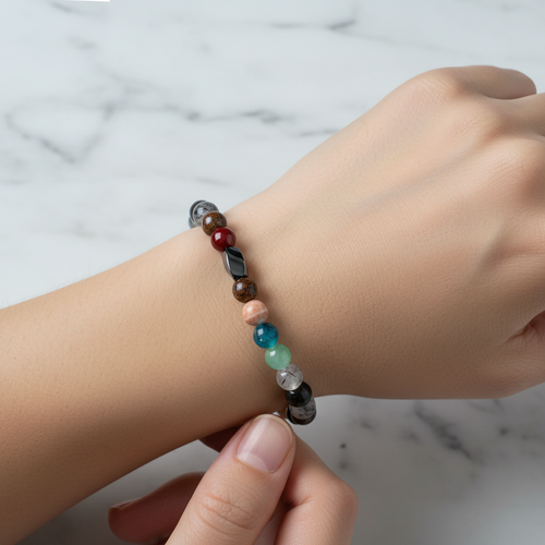 Boğa Burcu Doğal Taş Bileklik – Bronzit, Obsidyen, Güneş Taşı, Kalsit, Kristal Kuvars, Krizokol, Mavi Apatit, Rutilli Kuvars, Aventurin & Yeşim