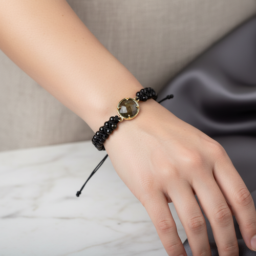 Obsidyen Doğal Taş Makrome Bileklik – Özel Tasarım