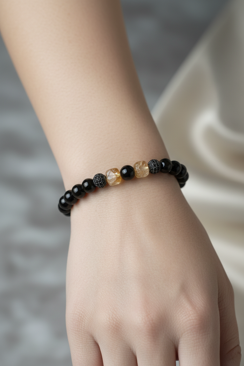 Sitrin, Obsidyen ve Siyah Zirkon Doğal Taş Bileklik – 8 mm Unisex Tasarım - Görsel 1 - Safnaturel
