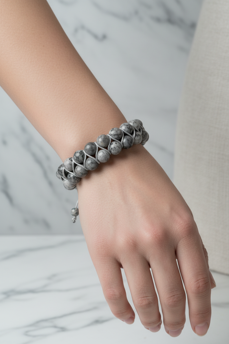 Gri Jasper 8mm Çift Sıra Makrome Doğal Taş Bileklik - Görsel 2 - Safnaturel