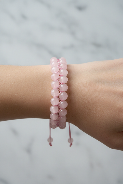 Pembe Kuvars (Gül Kuvars) 8mm Çift Sıra Makrome Doğal Taş Bileklik - Görsel 2 - Safnaturel