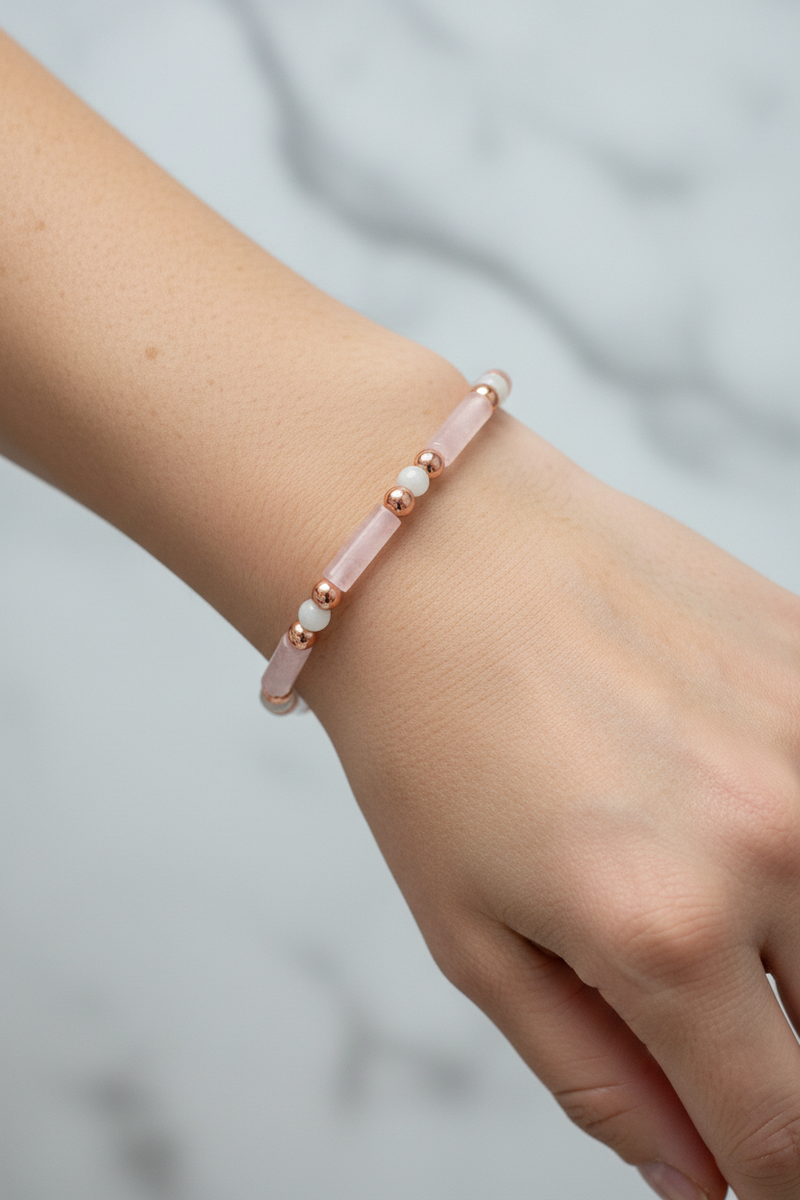 Pembe Kuvars, Ay Taşı ve Hematit Doğal Taş Bileklik – Unisex Şık Tasarım - Görsel 1 - Safnaturel