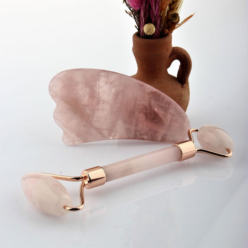 Pembe Kuvars Taşı Masaj Takımı - Roller ve Gua Sha Kaz Ayaklı Set - Görsel 2 - Safnaturel